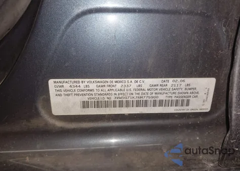 2006 Volkswagen Jetta 2.5 z USA, uszkodzony, nr VIN 3VWSG71K76M775900